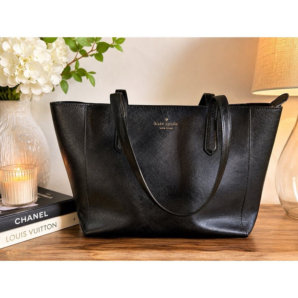 Kate Spade New York Black Saffiano Leather Tote Shoulder Bag Purse Large